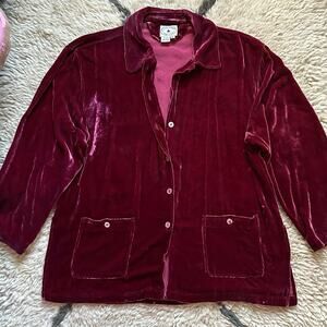 Arleen Bowman Chin Chin sz L Velvet Lagenlook Shirt Jacket red burgundy silk